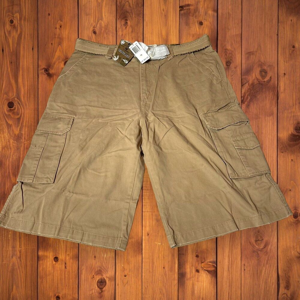 NWT Vintage Belted Cargo Shorts Wide Leg Tan Sz 40 PJ Mark Y2K Dead Stock